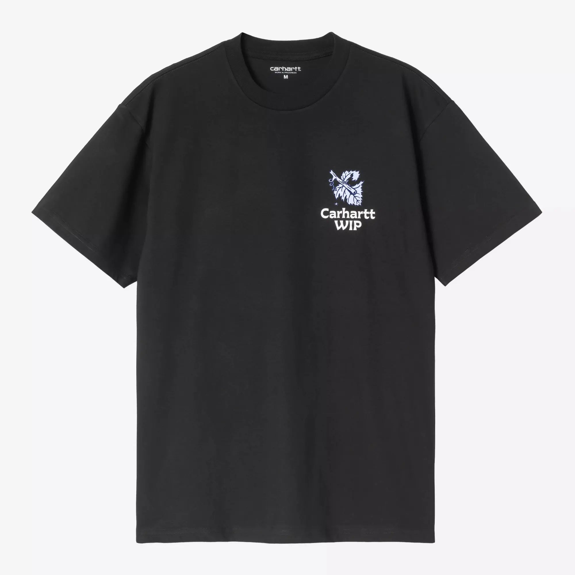 T-shirt Grape Picker noir Carhartt WIP à plat, face : feuille de vigne et sécateur lavande, lettrage Carhartt WIP blanc sur la poitrine