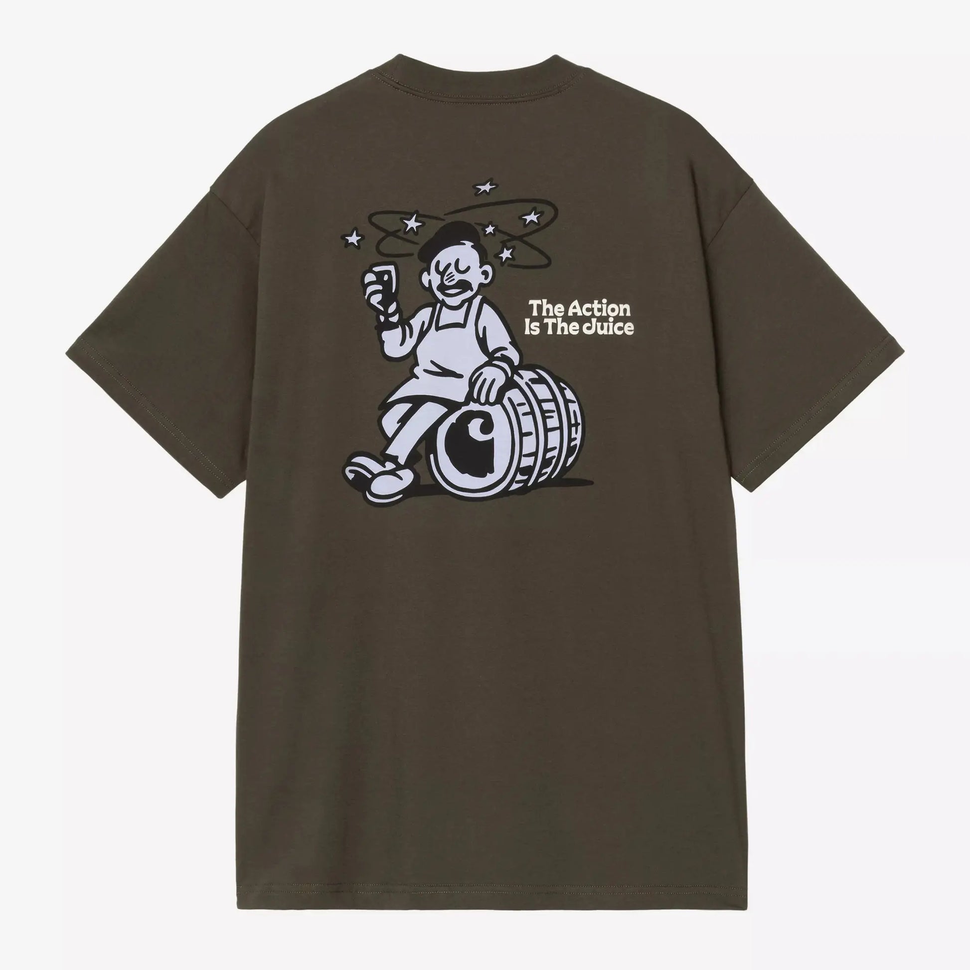 Dos du T-shirt Grape Picker Cypress à plat : vendangeur assis sur un tonneau, imprimé lilas, slogan The Action Is The Juice en crème