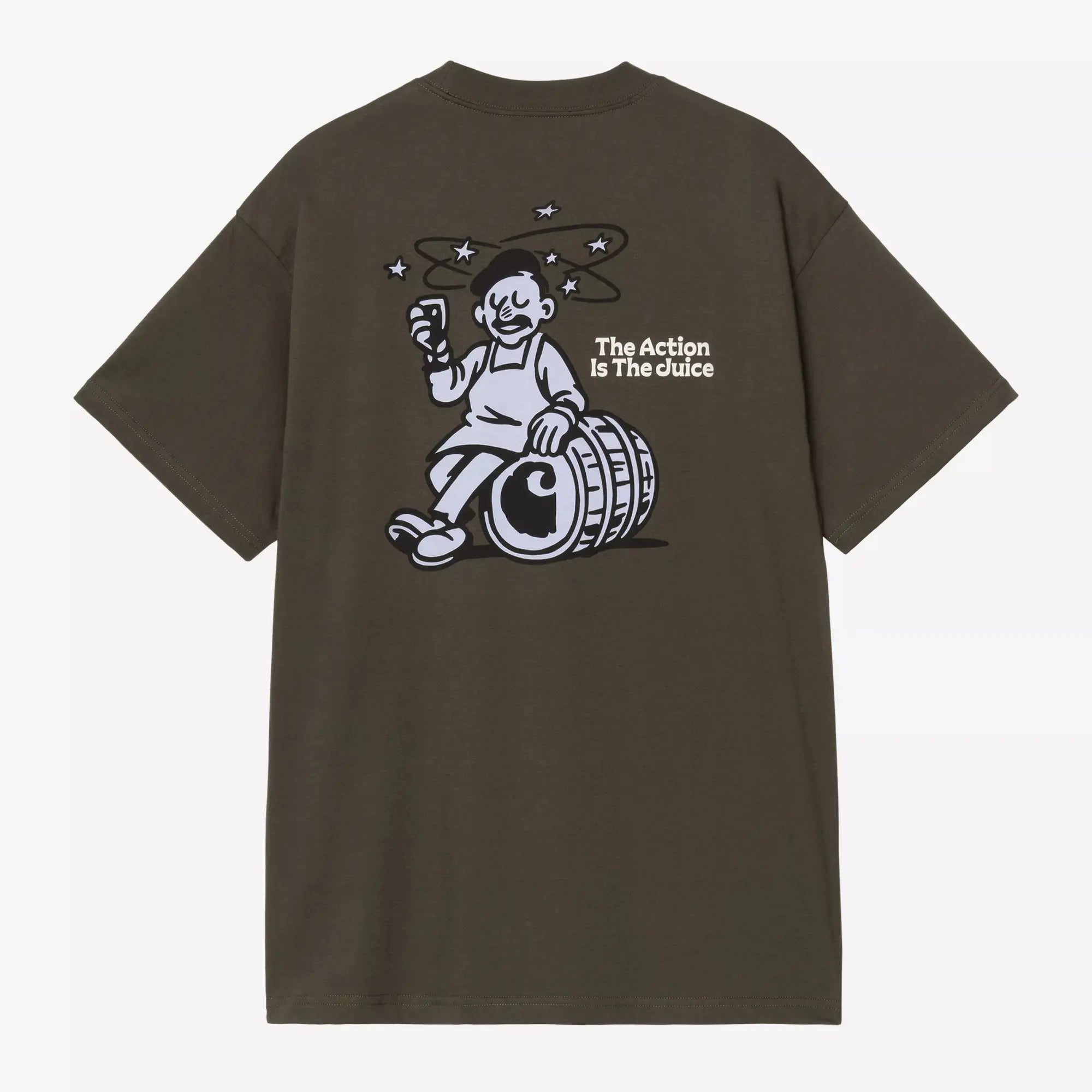 Dos du T-shirt Grape Picker Cypress à plat : vendangeur assis sur un tonneau, imprimé lilas, slogan The Action Is The Juice en crème