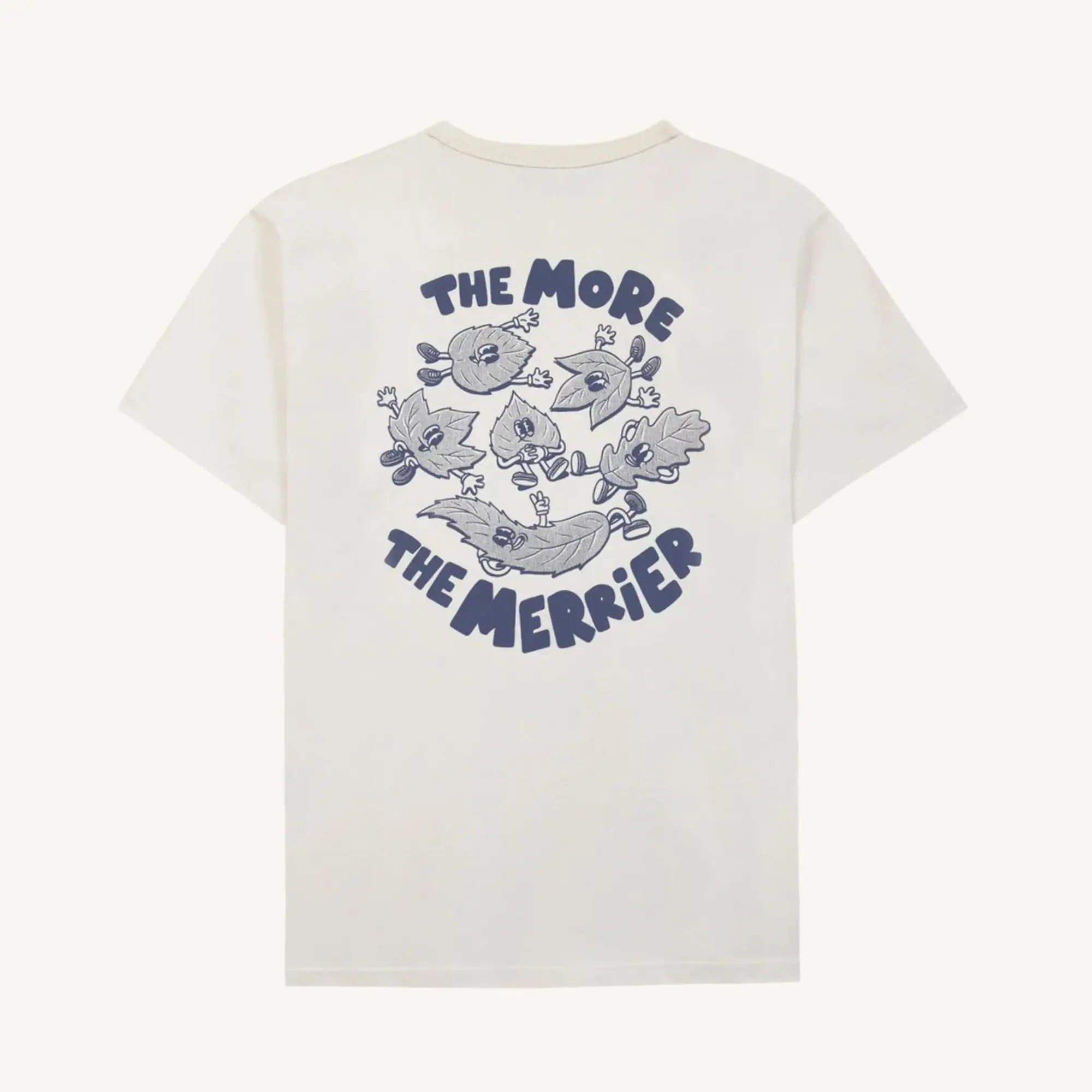 T-shirt Lugny écru Faguo à plat, dos : sérigraphie The More The Merrier et feuilles bleu marine