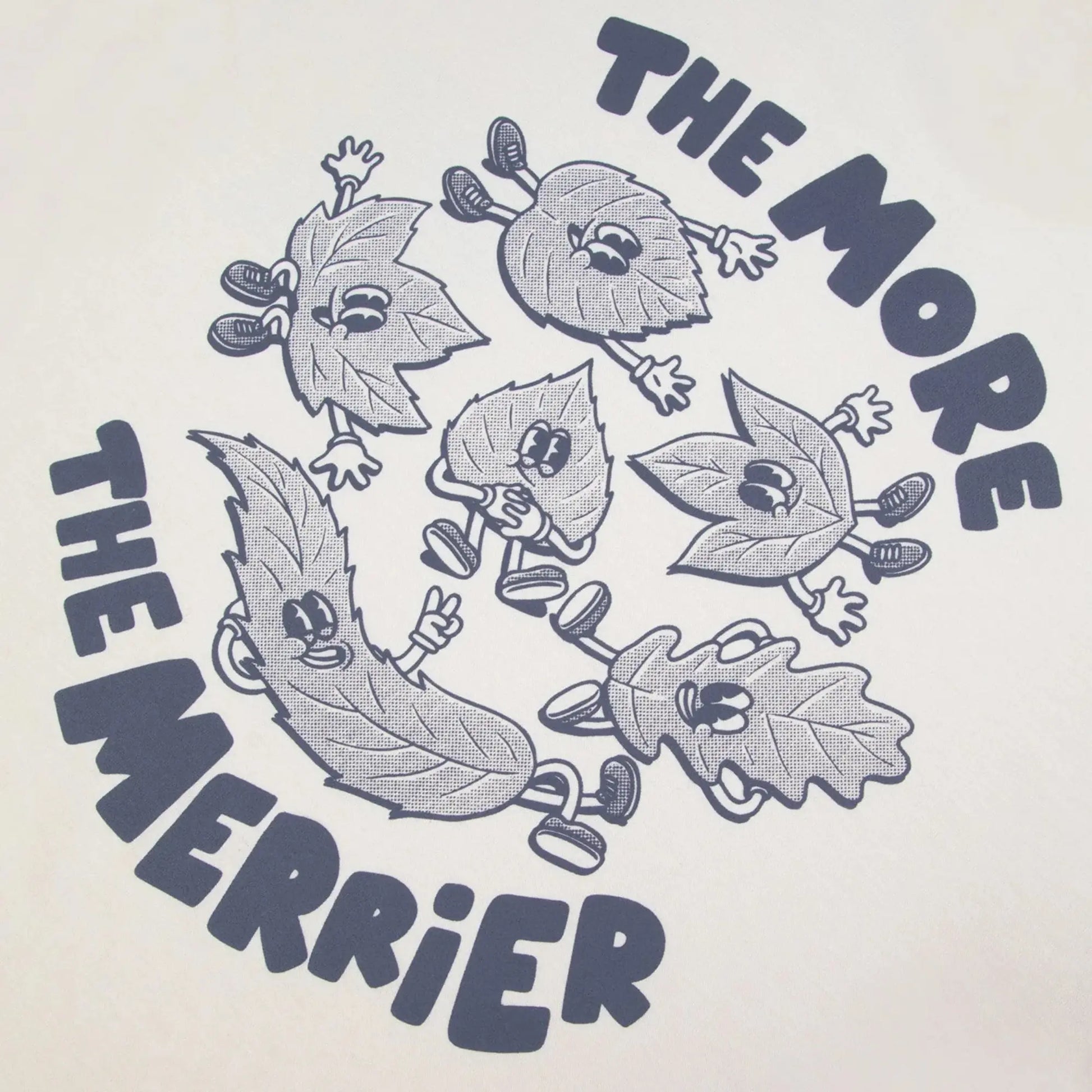 Détail de la sérigraphie dos du T-shirt Lugny écru Faguo : six feuilles et lettrage The More The Merrier