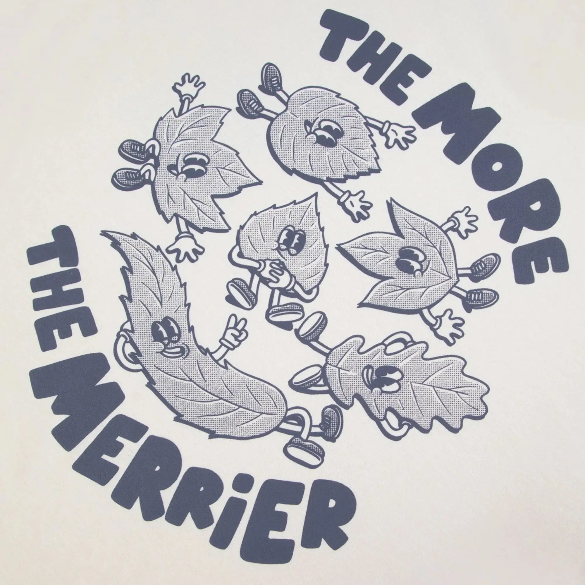 Détail de la sérigraphie dos du T-shirt Lugny écru Faguo : six feuilles et lettrage The More The Merrier