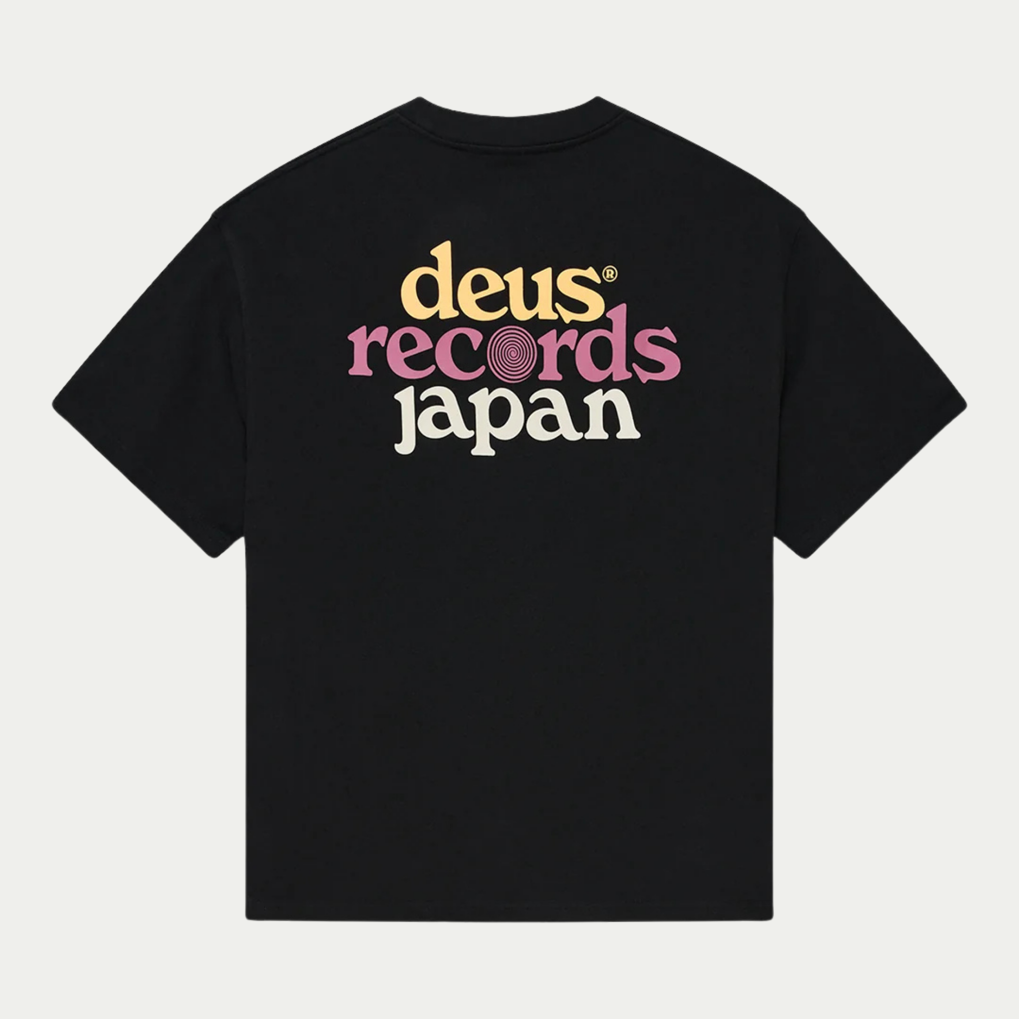 Dos du T-shirt Strata noir Deus Ex Machina, imprimé deus records japan en jaune, rose et crème