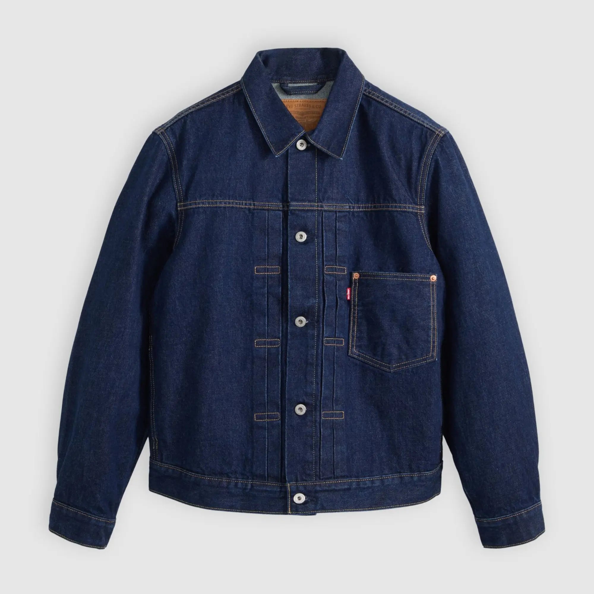 Veste Levi's Type I Trucker New Selvedge Rinse T à plat, face avant, denim indigo rincé et surpiqûres orangées