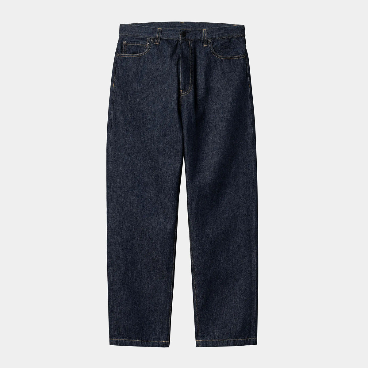 Aaron Pant Carhartt WIP Blue Rinsed à plat de face, denim indigo brut rincé, surpiqûres orangées, cinq poches