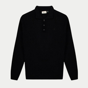 Pull Col Polo Aulnay - Noir - Faguo, vue à plat de face, patte trois boutons et broderie arbre