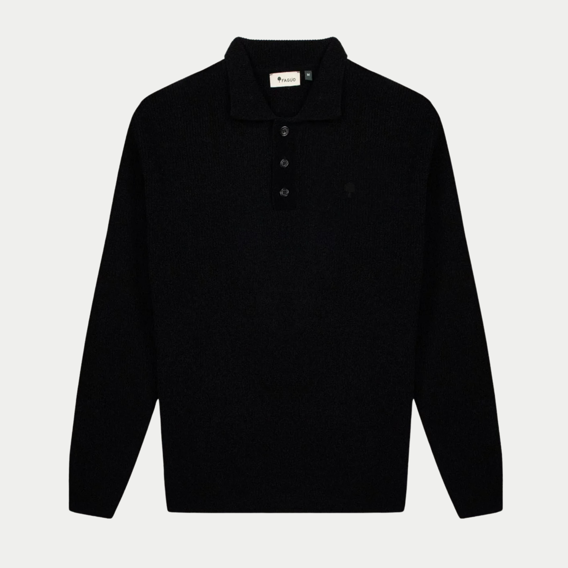 Pull Col Polo Aulnay - Noir - Faguo, vue à plat de face, patte trois boutons et broderie arbre