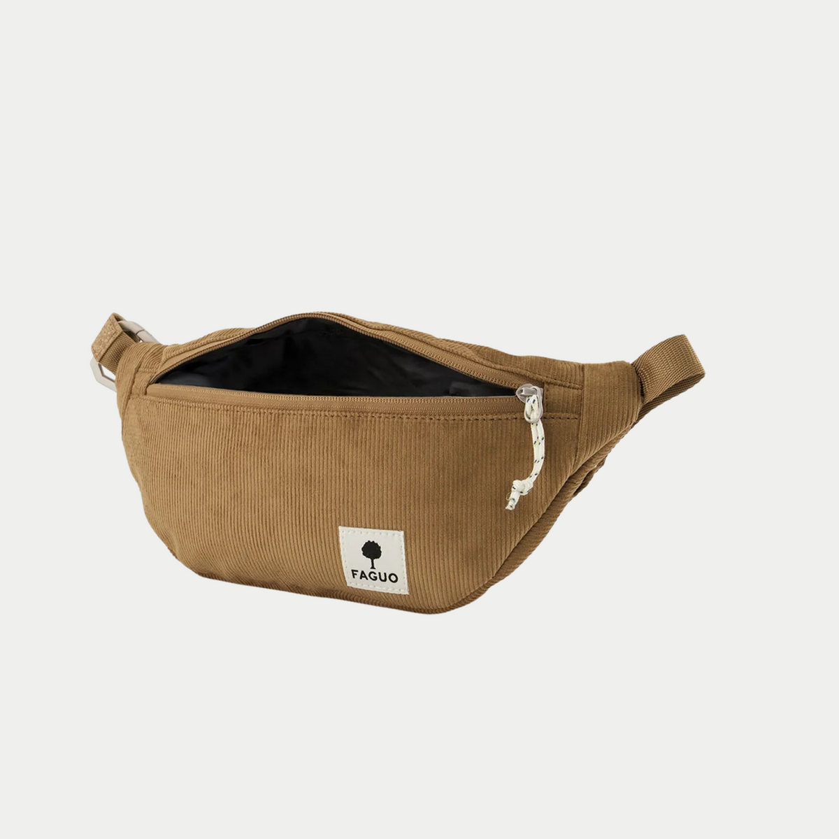 Banane Faguo Cambium camel de trois quarts, poche principale zippée ouverte sur doublure noire