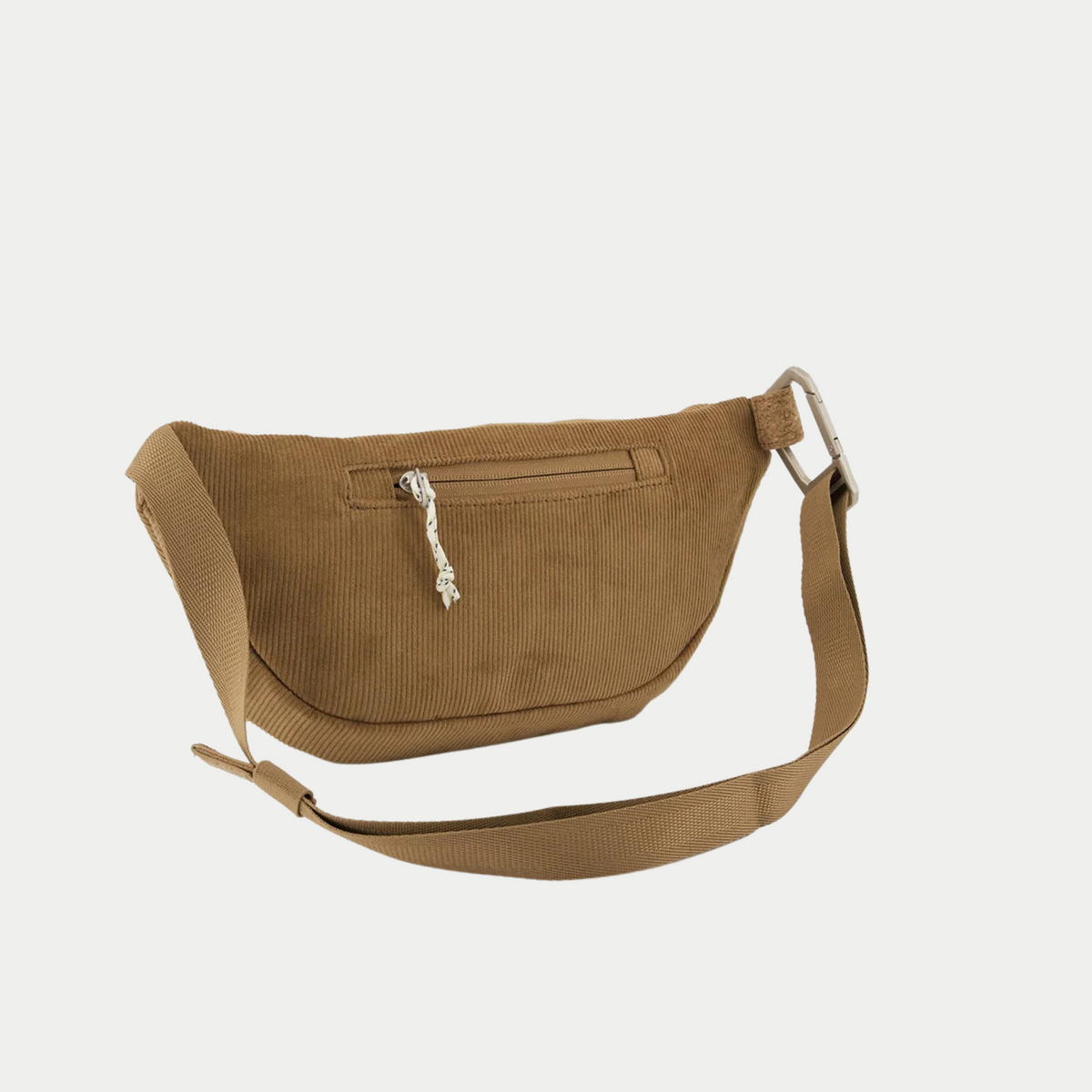 Dos de la banane Faguo Cambium camel : poche arrière zippée, sangle et attache mousqueton