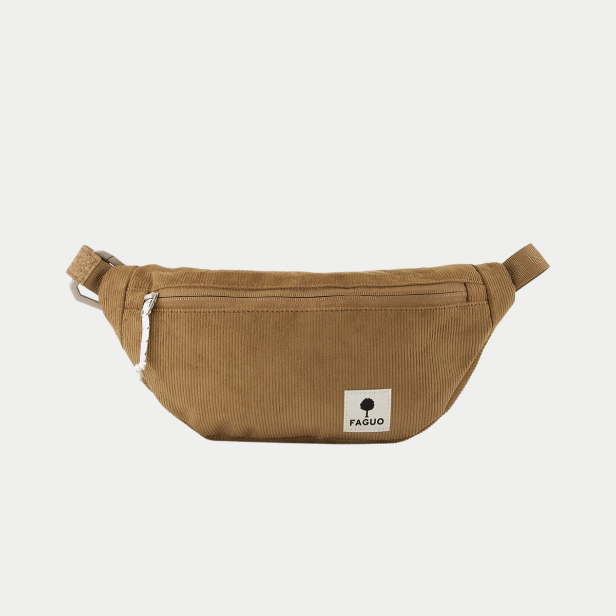 Banane Faguo Cambium camel en velours côtelé, vue de face avec étiquette logo arbre