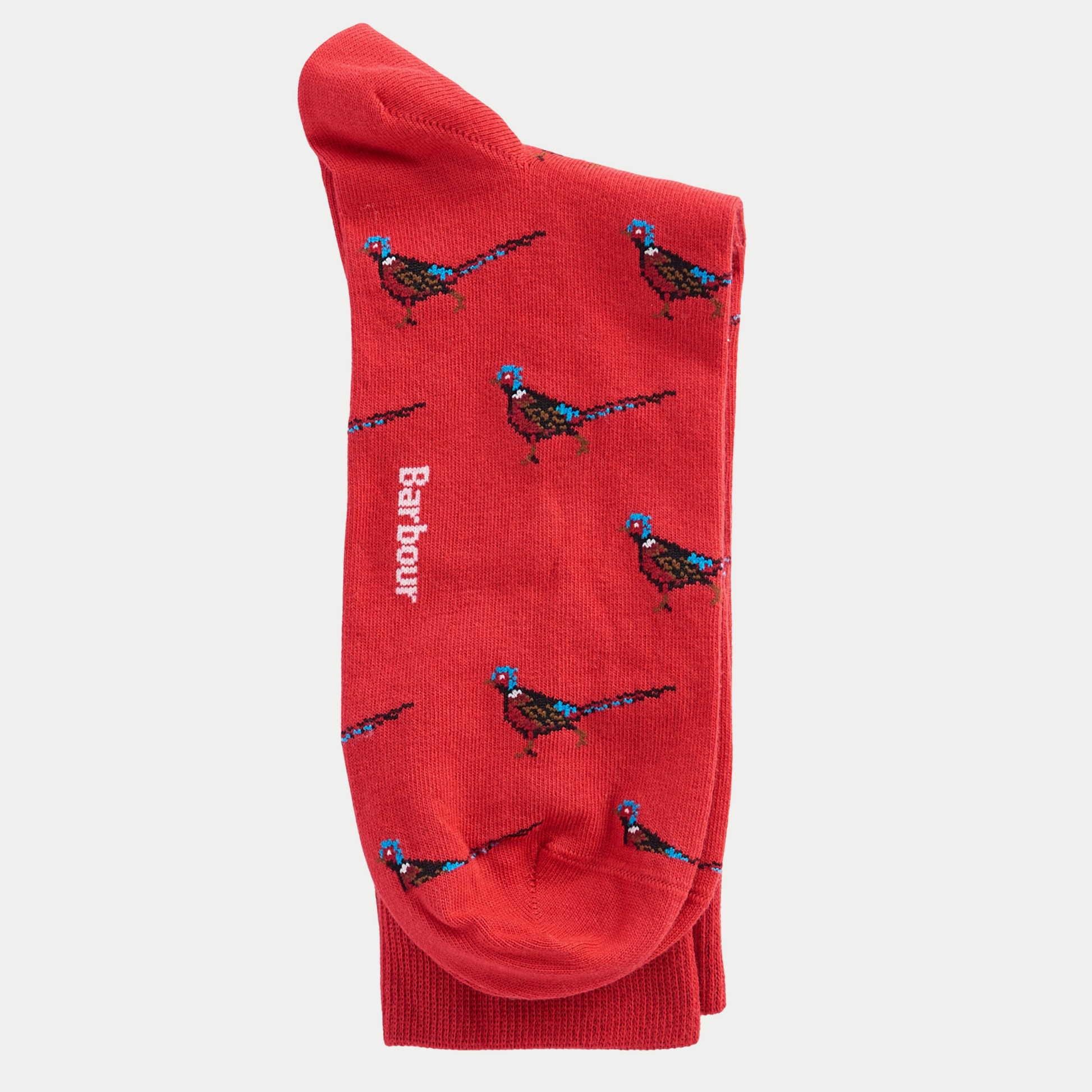 Chaussette Mavin rouge pliée, logo Barbour tricoté à la verticale et faisans répartis sur la tige