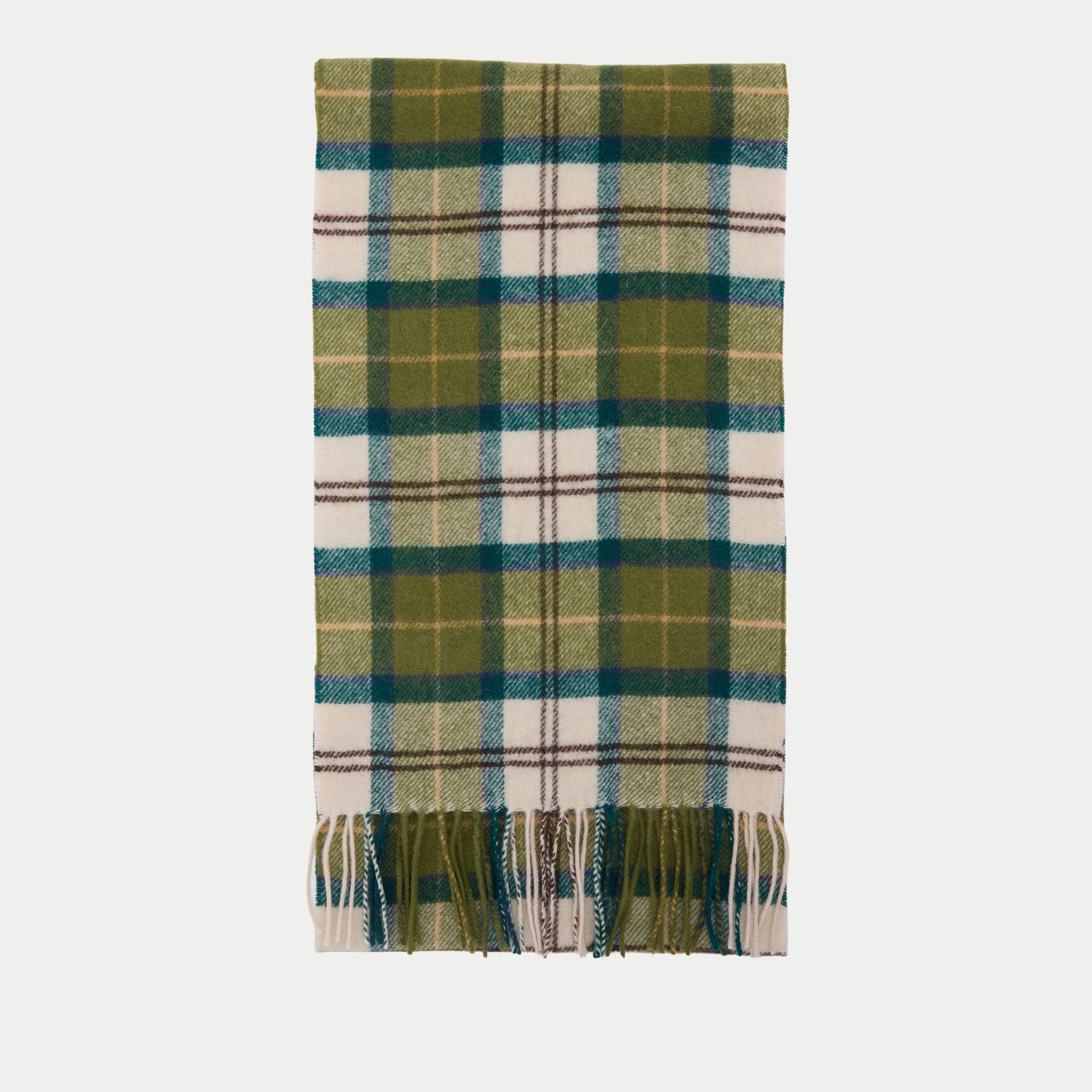 Écharpe Barbour tartan vert mousse, écru et bleu canard, pliée à plat, franges nouées écru et vertes
