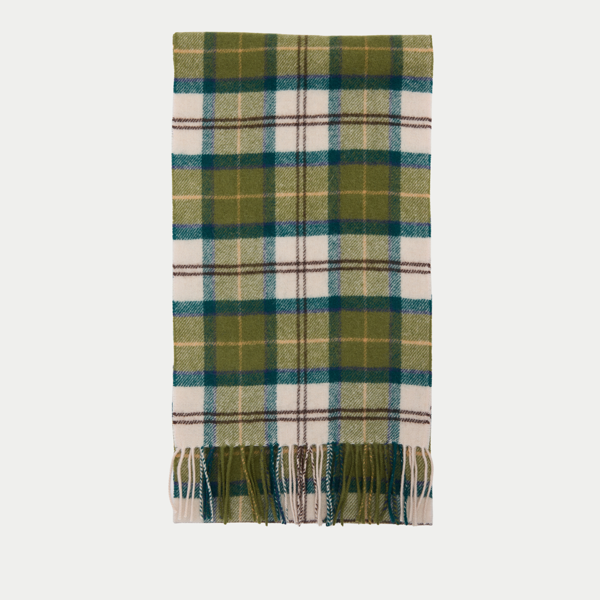 Écharpe Barbour tartan vert mousse, écru et bleu canard, pliée à plat, franges nouées écru et vertes