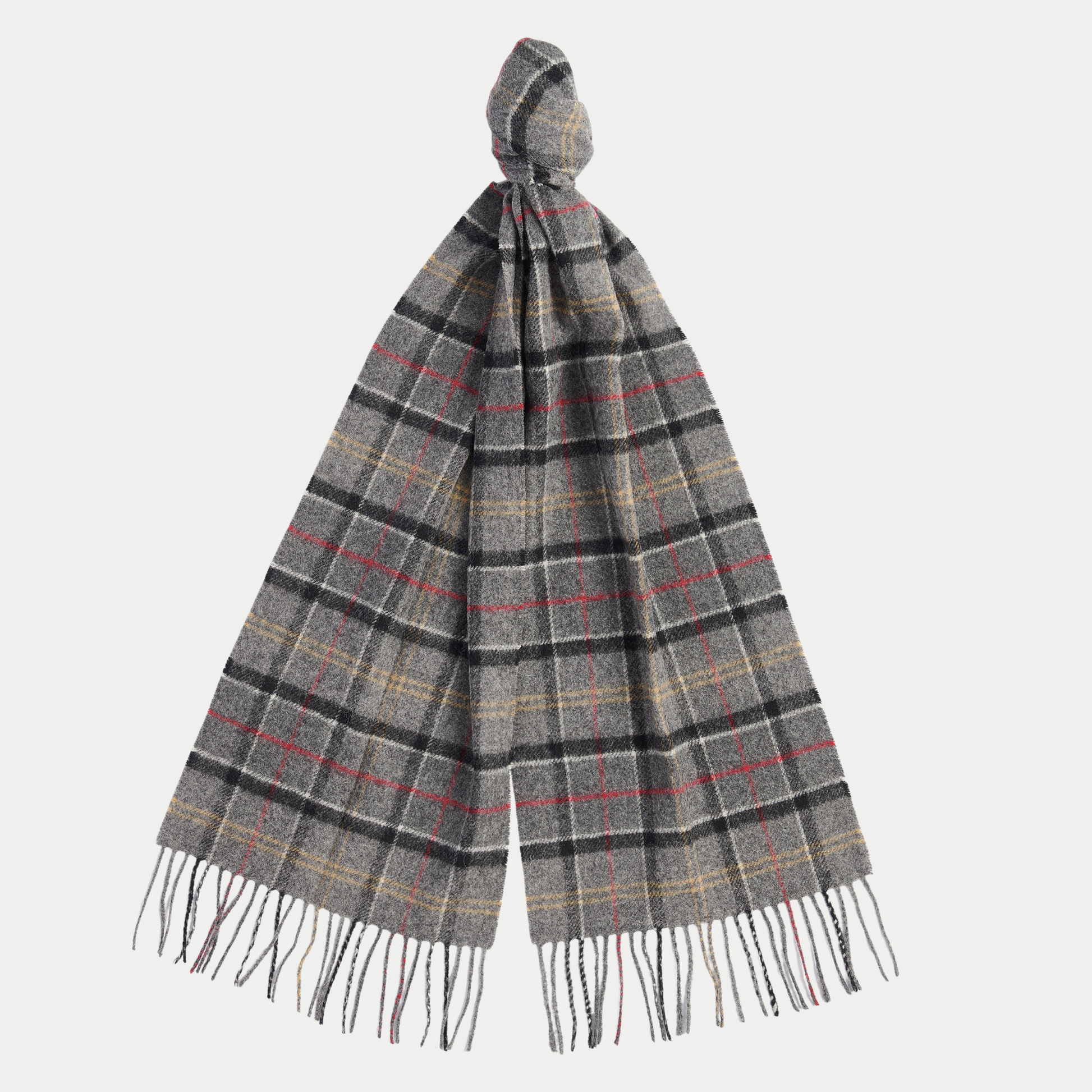 Écharpe Barbour en laine d'agneau, tartan gris chiné à fins filets rouges et jaunes, nouée et suspendue, à franges