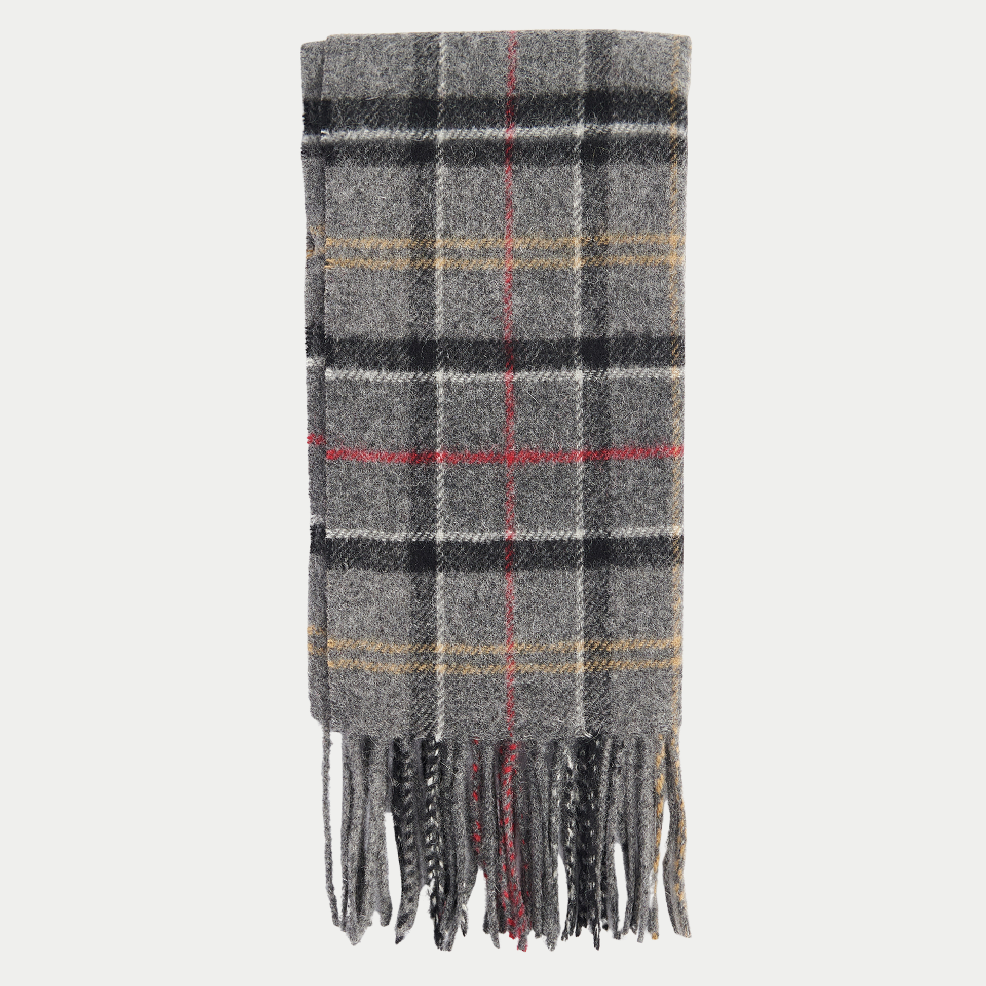 Motif tartan gris chiné à carreaux noirs et blancs et filets rouge et jaune : écharpe Barbour pliée, franges torsadées