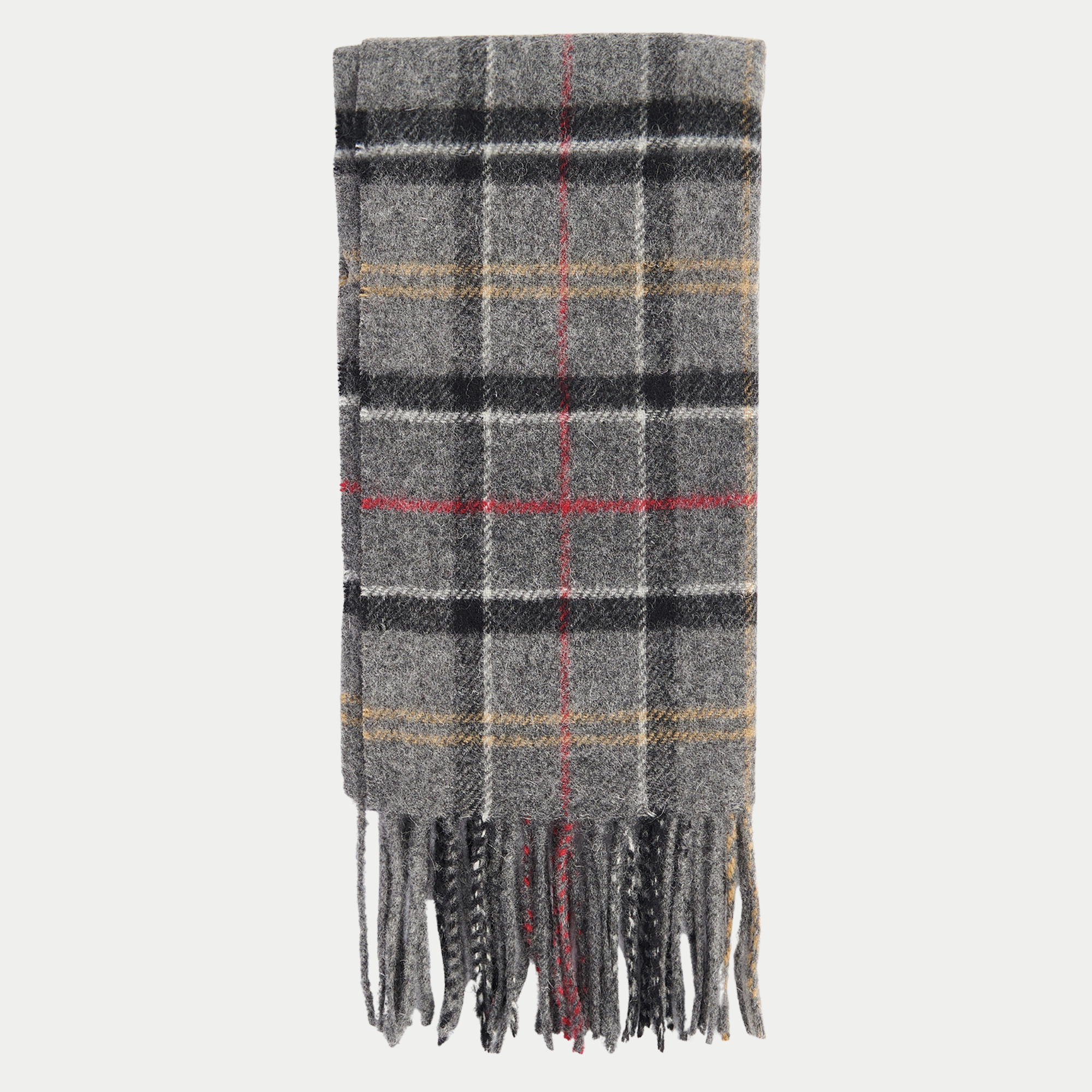 Motif tartan gris chiné à carreaux noirs et blancs et filets rouge et jaune : écharpe Barbour pliée, franges torsadées