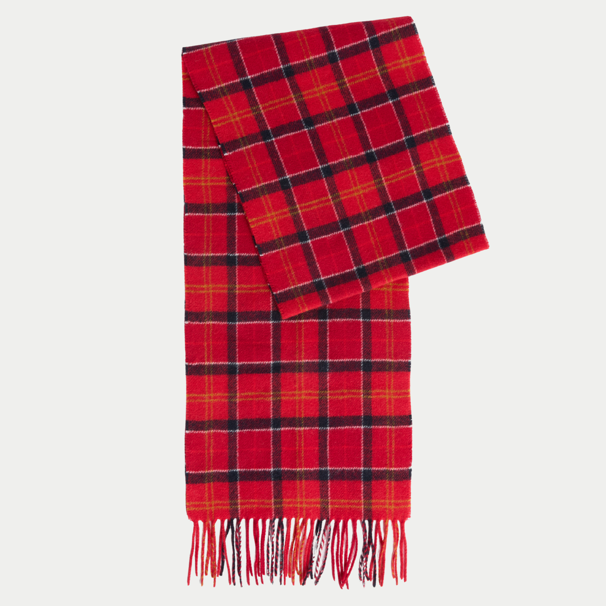 Écharpe Barbour en laine, tartan rouge quadrillé de bleu marine, de jaune et de blanc, pliée à plat, à franges