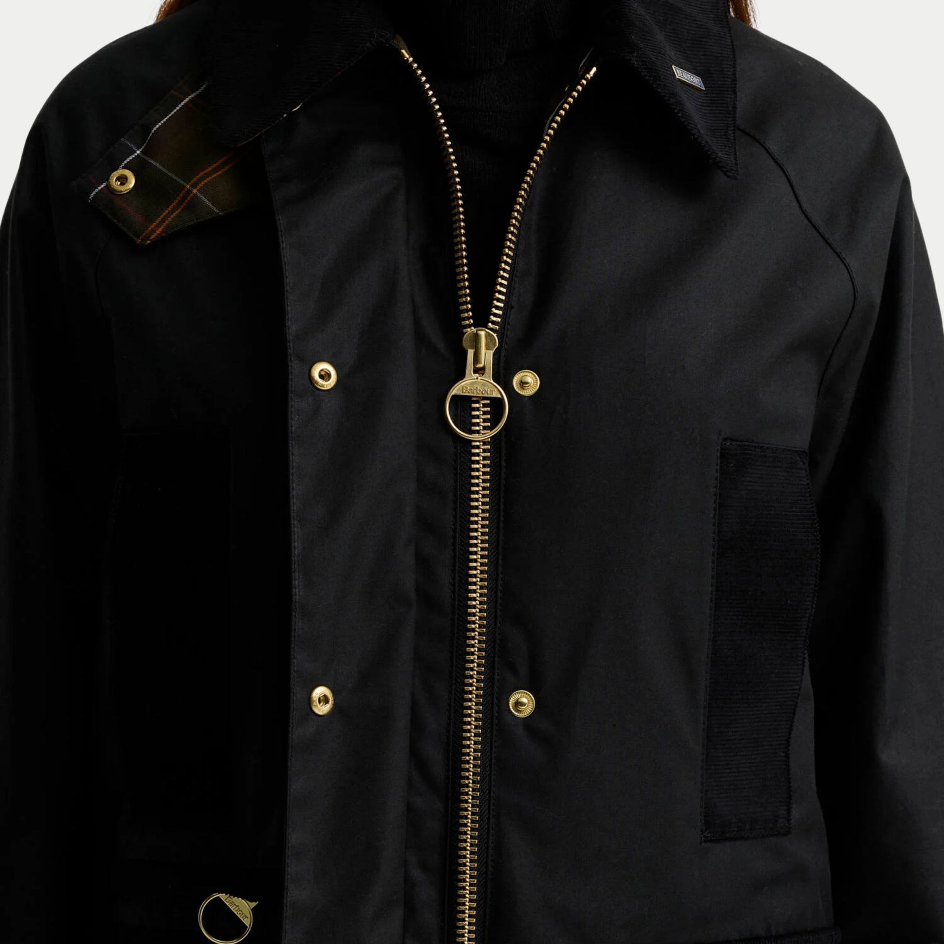 Zip laiton à tirette anneau Barbour et pressions dorées de la veste cirée Modern Beaufort noire