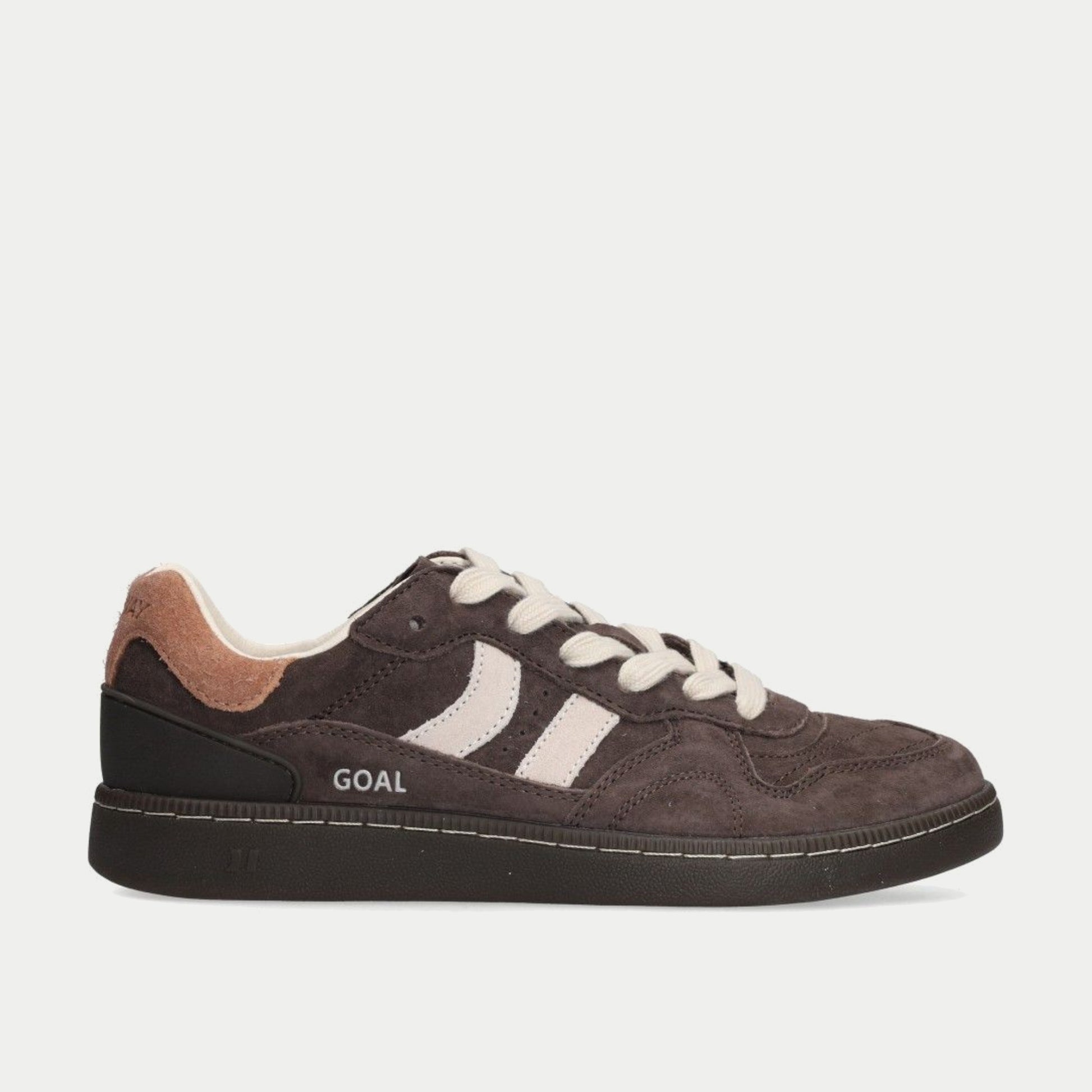 Baskets Goal chocolat Coolway - profil extérieur, double bande écrue et bas de talon cerclé de noir