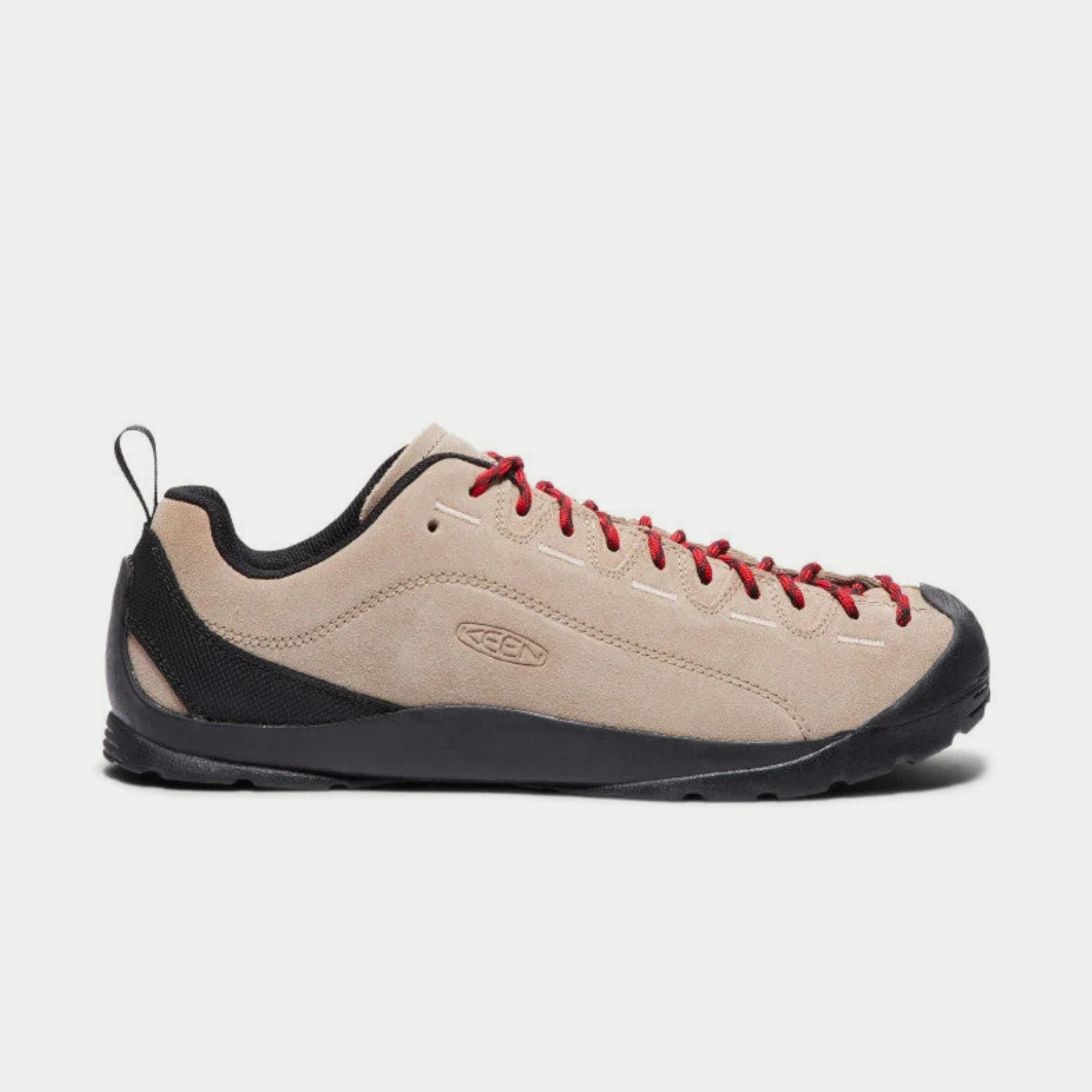 Baskets Jasper Silver Mink KEEN - profil extérieur, cuir velours beige sable et lacets rouges