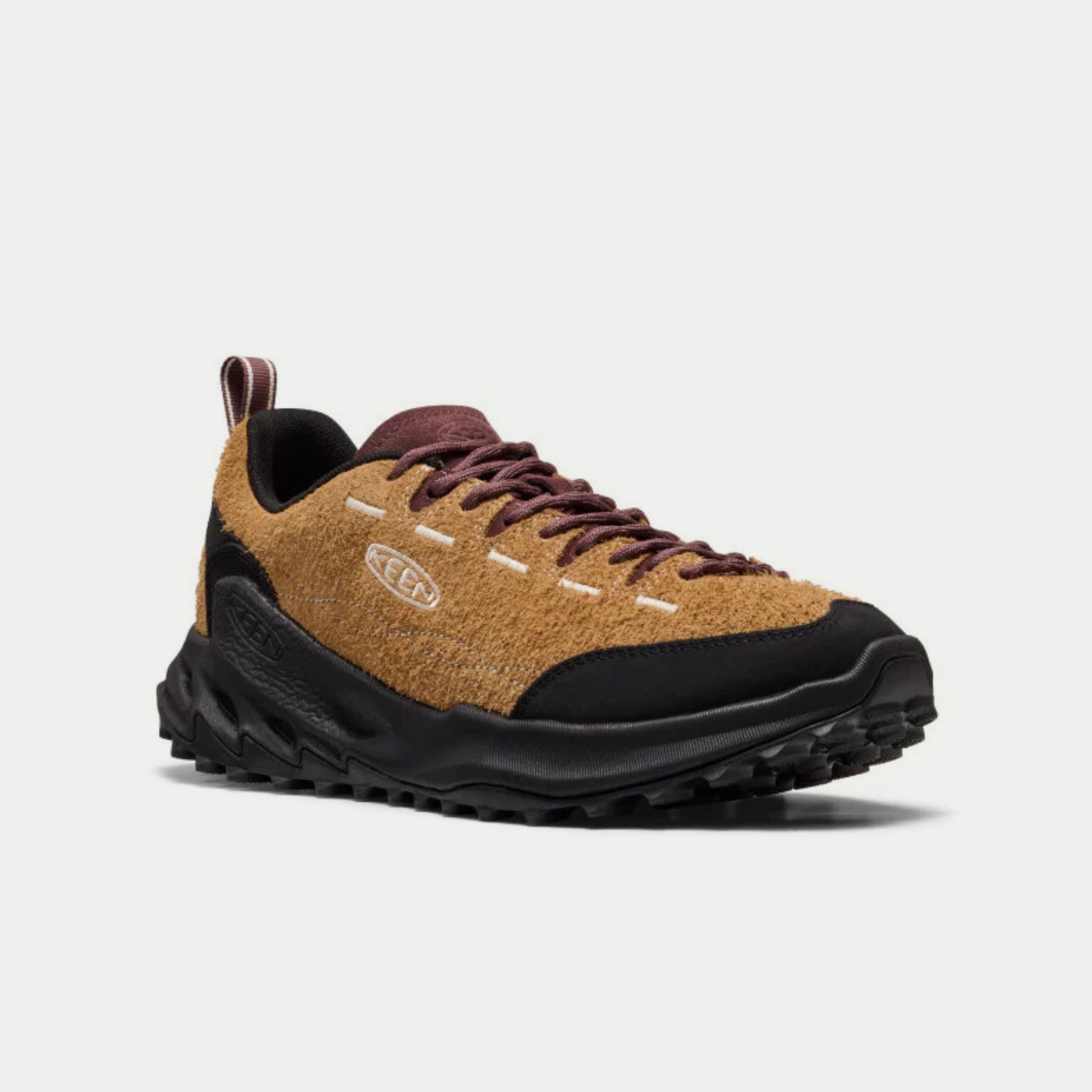 Baskets Jasper Zionic Chipmunk KEEN - trois-quarts avant droit, tirant de talon rayé bordeaux