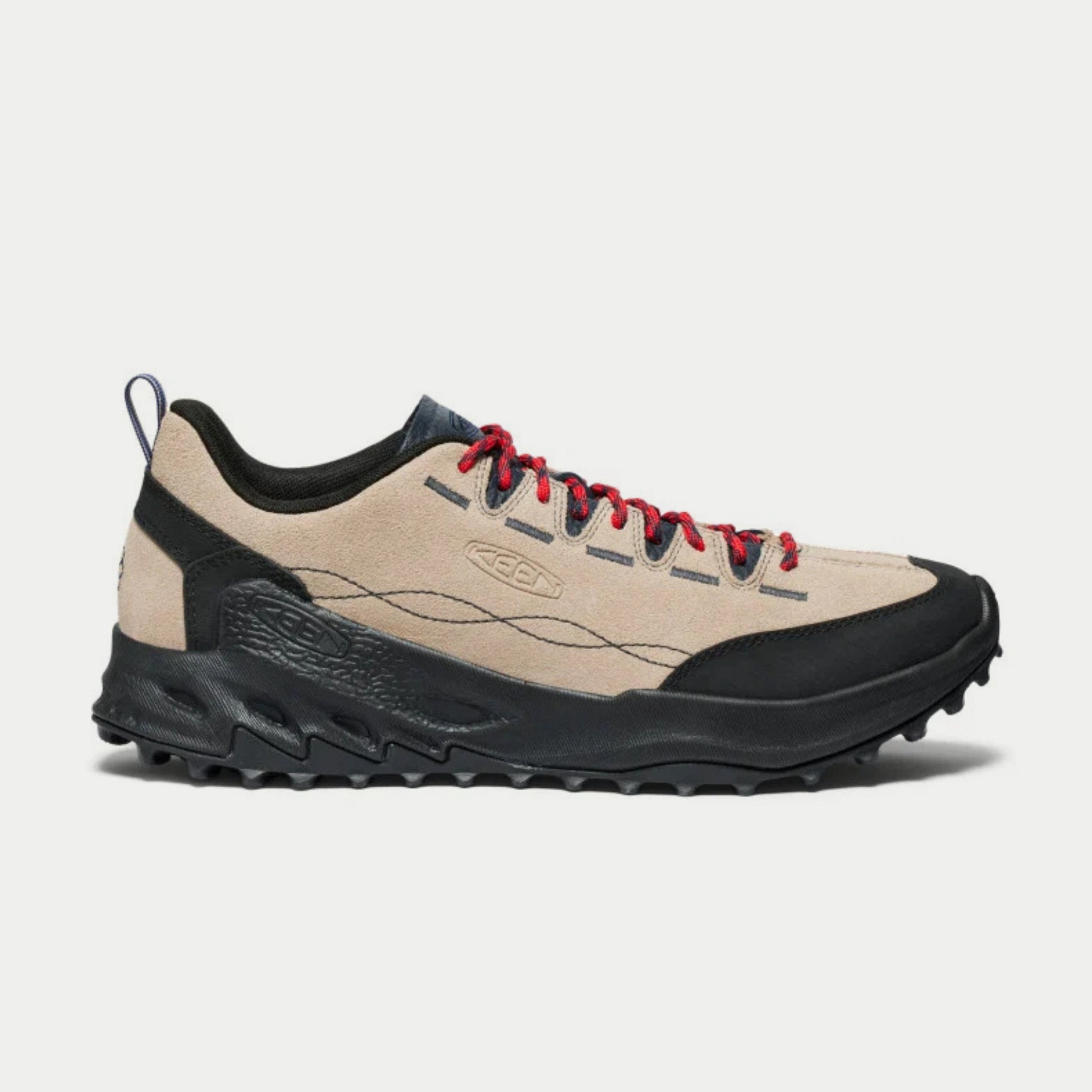 Baskets Jasper Zionic Safari KEEN - profil extérieur, daim beige, pare-pierres et semelle noirs, lacets rouges