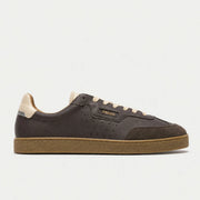 Baskets Lumbo chocolat Faguo - profil, cuir lisse, bout en daim et semelle gomme caramel
