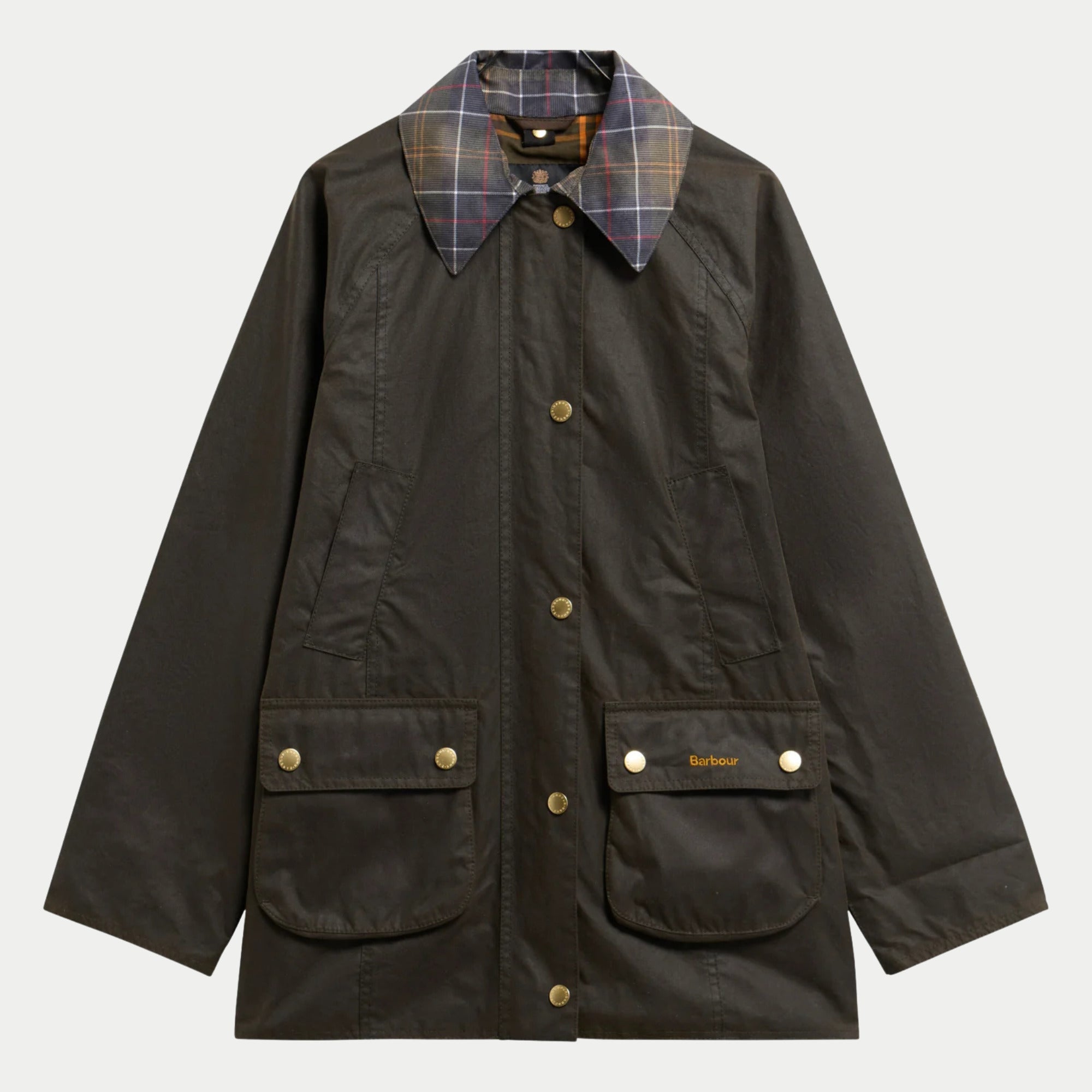 Veste Icons Modern Beadnell olive Barbour - packshot de face, col en velours côtelé tartan et pressions dorées