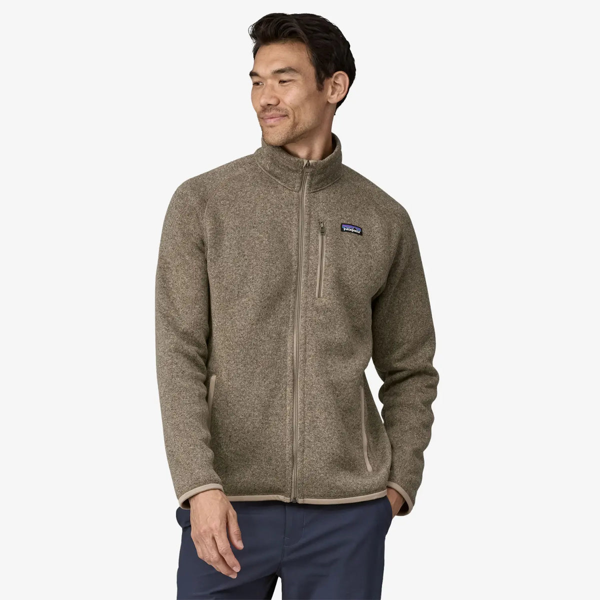 Veste polaire Better Sweater Seabird Grey Patagonia - portée de trois quarts face, col montant zippé