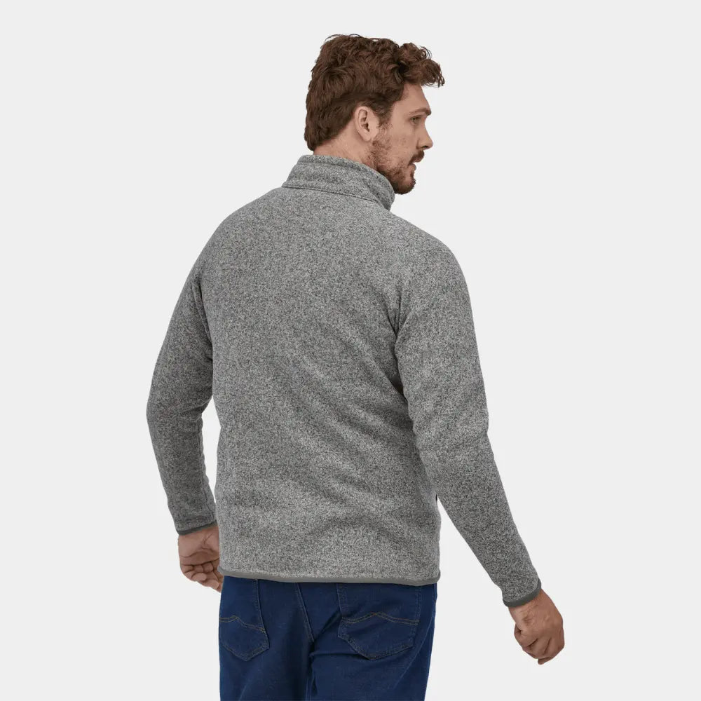 Better Sweater Stonewash vu de dos, maille chinée gris clair et bas de veste bordé