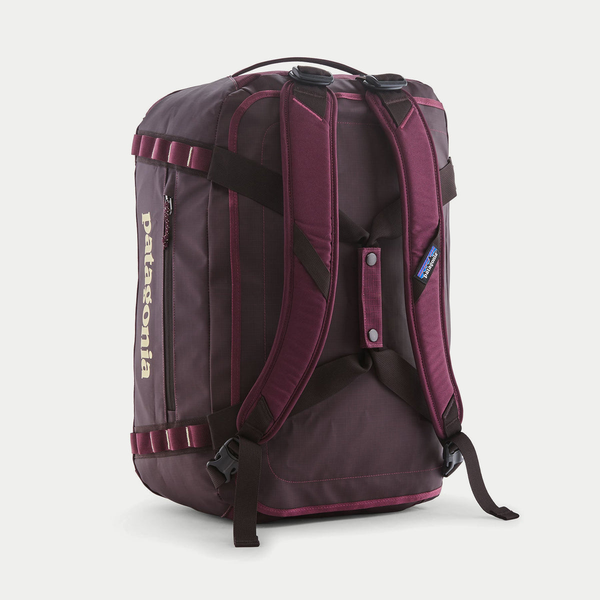 Dos du Duffel Black Hole 40L Berry Fig : bretelles amovibles rembourrées, boucles de réglage et poche zippée latérale