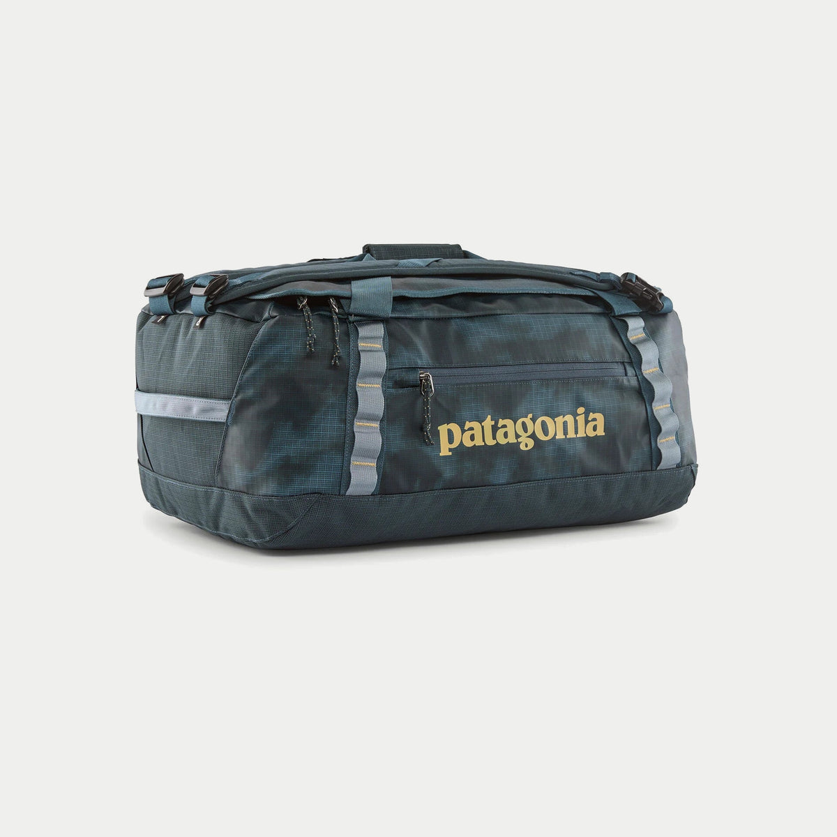 Sac de voyage Black Hole Duffel 40L Patagonia imprimé Sastrugi bleu ardoise, vue trois-quarts avant fermé