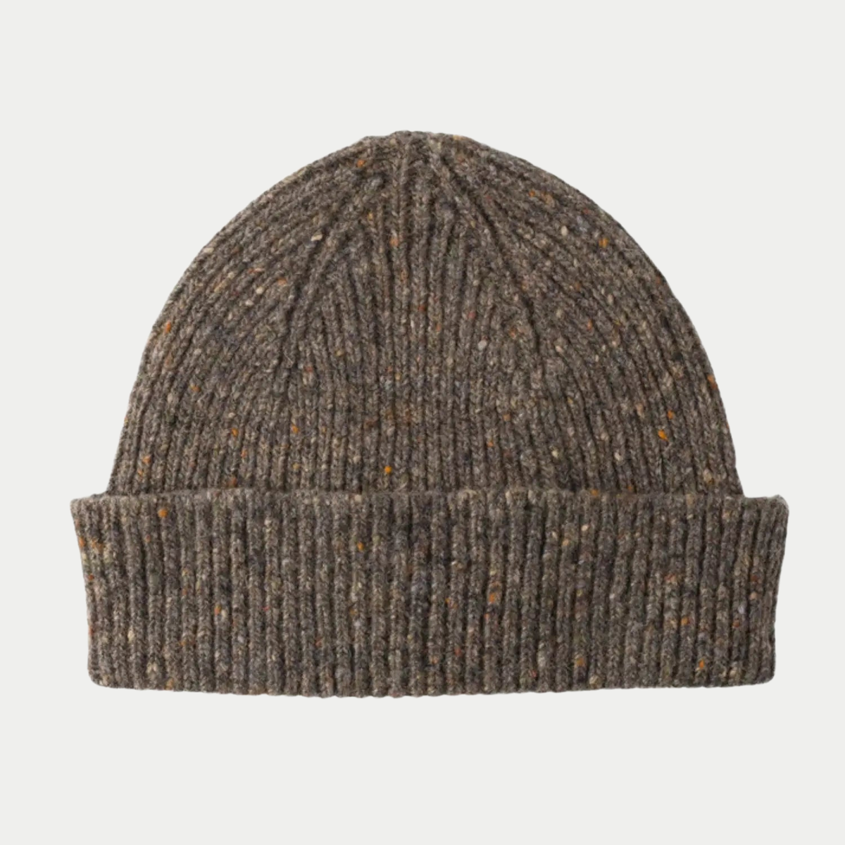 Bonnet Ardara Donegal Mackie Macean, laine côtelée taupe grisé mouchetée d'orange, revers replié, vu de face