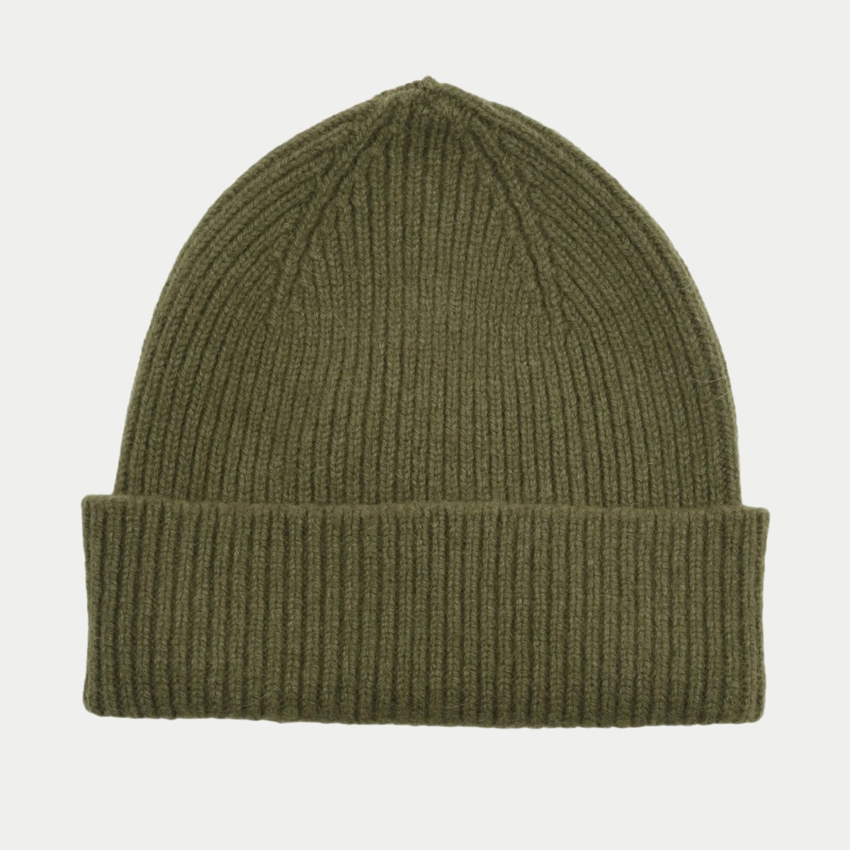Bonnet Barra Army vert kaki en laine côtelée, large revers replié, calotte en pointe douce, vu de face.
