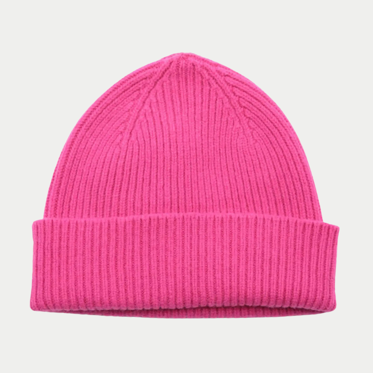 Bonnet Barra Mackie Confetti, rose fuchsia vif, maille côtelée en laine et angora, large revers, vu de face