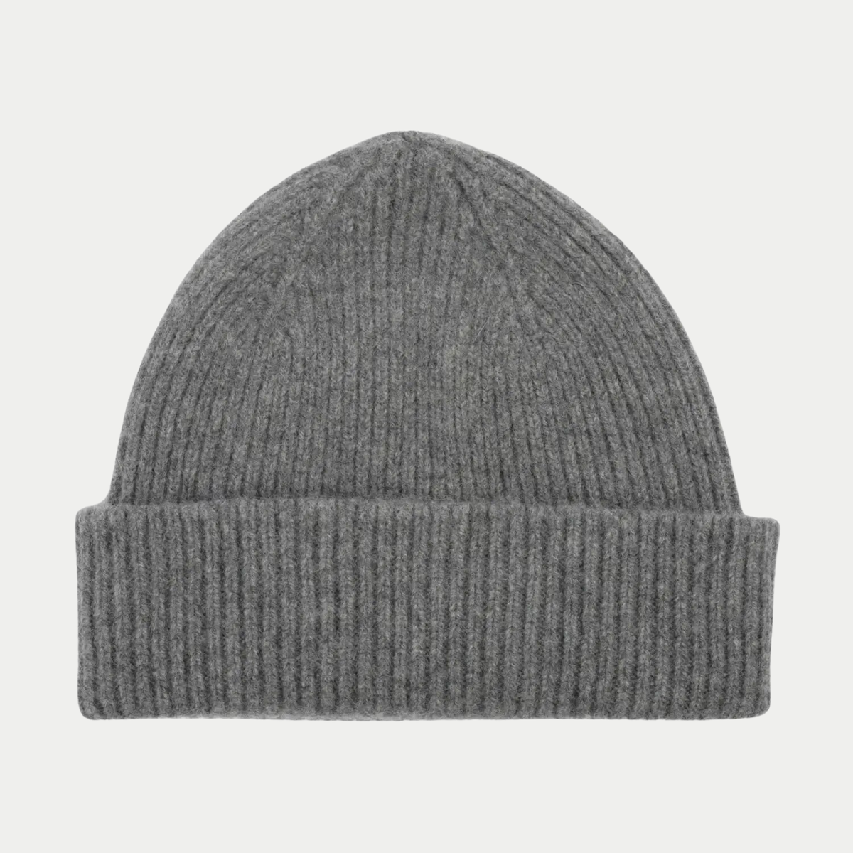 Bonnet Barra Mackie Med Grey, gris moyen chiné, maille côtelée en laine et angora, revers replié, vu de face