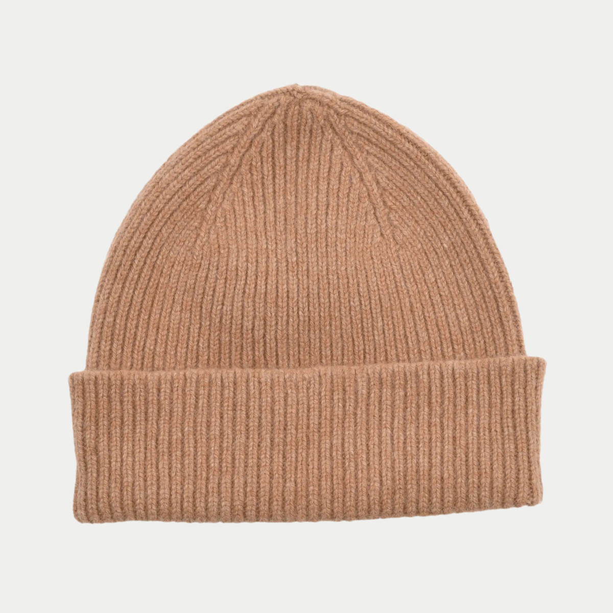 Bonnet Barra Mackie Oakwood, beige camel chaud, maille côtelée en laine et angora, large revers, vu de face