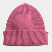 Bonnet Barra rose framboise soutenu, laine côtelée légèrement chinée, revers large replié.