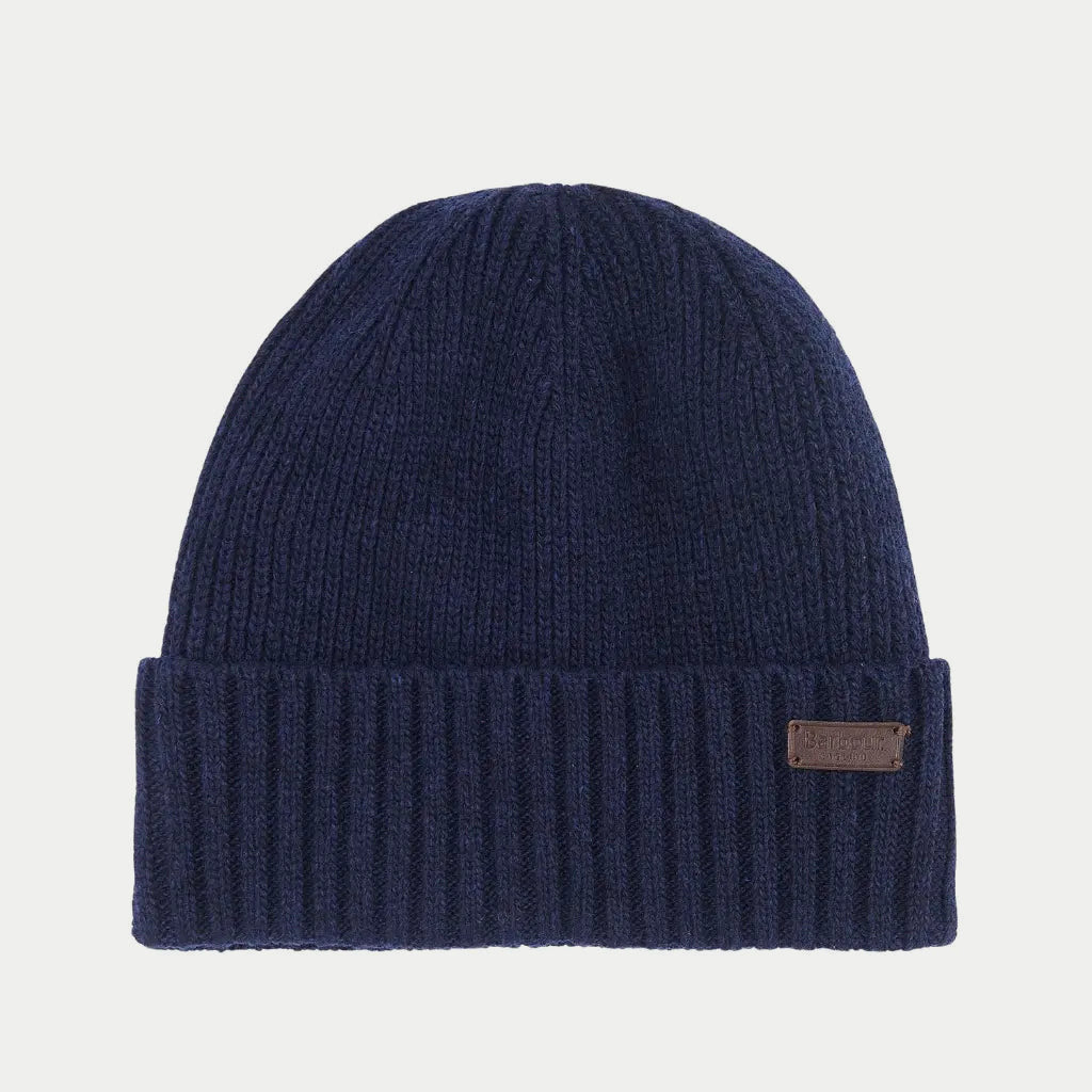 Bonnet Carlton marine Barbour en maille côtelée, revers replié et plaque de cuir sur le côté