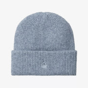 Bonnet Curtis Shady Blue Carhartt WIP, maille côtelée bleu gris clair, revers large et logo C brodé ton sur ton