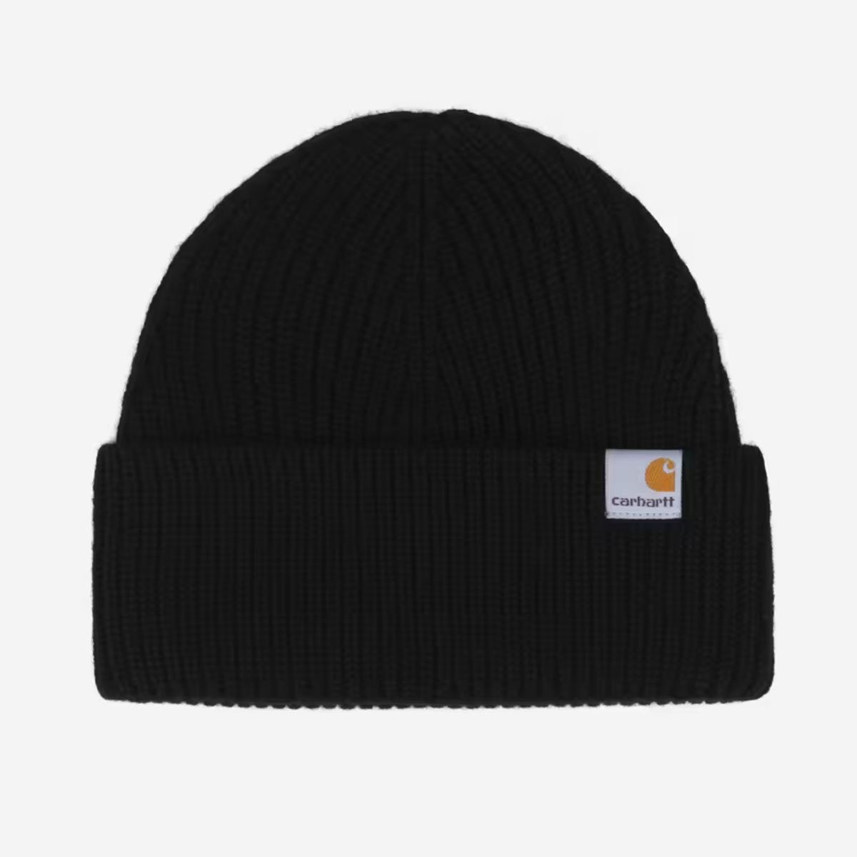 Bonnet Gabe noir Carhartt WIP à plat, maille côtelée et large revers replié avec étiquette Carhartt blanche