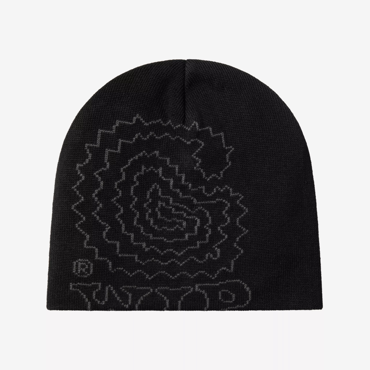 Bonnet Limn C noir Carhartt WIP, grand motif jacquard floral gris anthracite tracé au fil de contour, vue de face