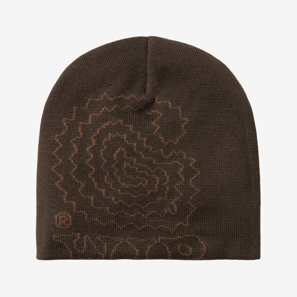 Bonnet Limn C Tobacco Carhartt WIP à plat, grand motif jacquard floral en spirale brun clair tracé au fil de contour sur maille brun foncé