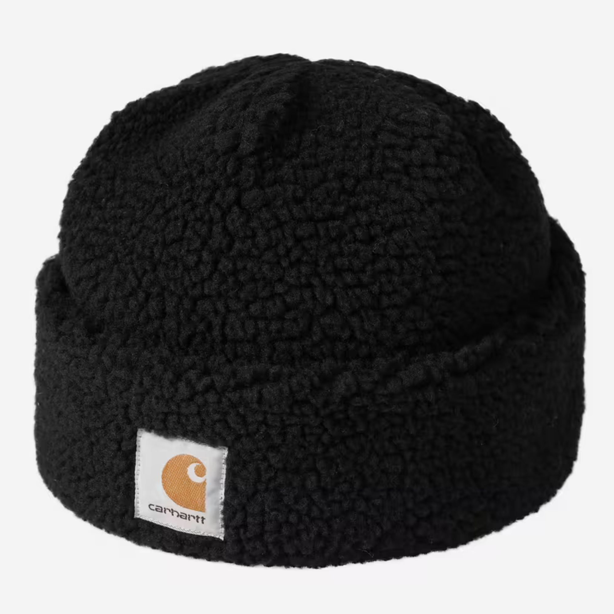 Bonnet Prentis noir Carhartt WIP en polaire sherpa bouclée, revers replié et étiquette Square Label blanche