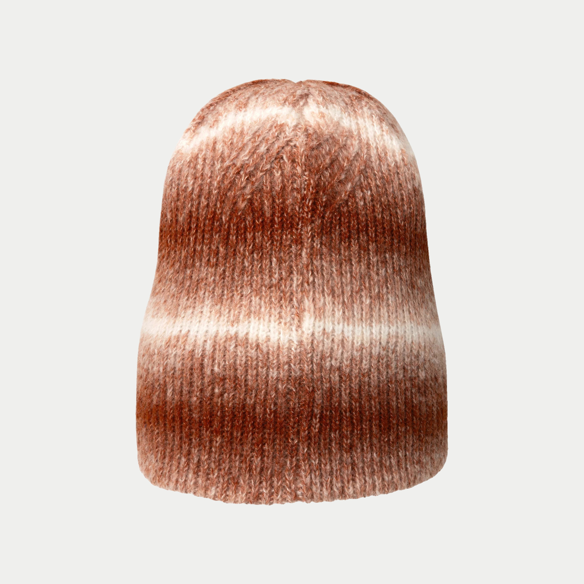 Bonnet Kangol Réversible Rustic Caramel déplié vu de dos, maille côtelée à rayures dégradées brun et crème