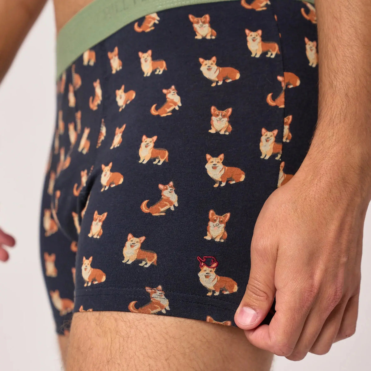 Boxer Corgi BillyBelt, détail de l'imprimé corgis et du logo brodé rouge sur la cuisse