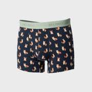 Boxer Corgi BillyBelt bleu marine à imprimé corgis, vue de face à plat avec ceinture vert sauge