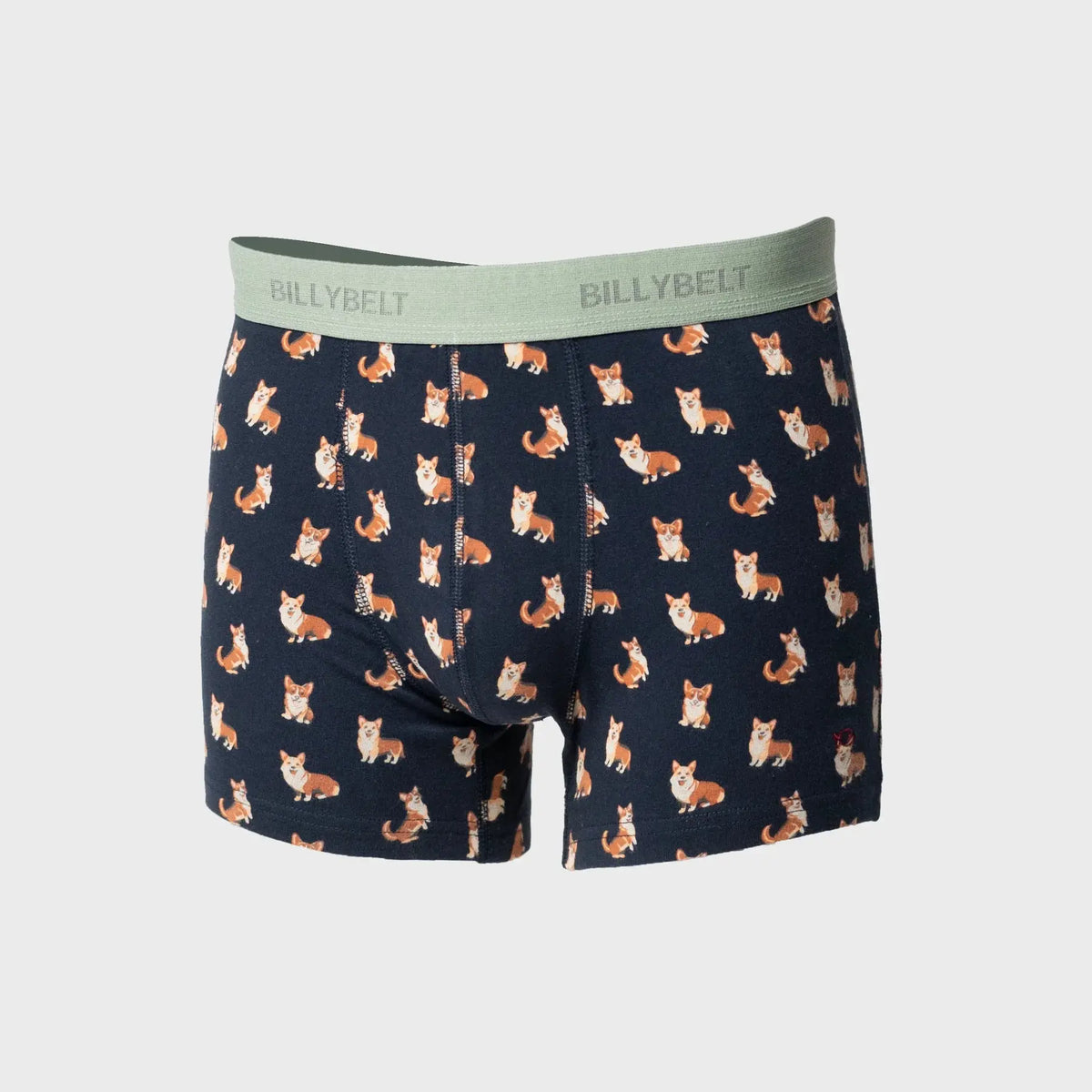 Boxer Corgi BillyBelt bleu marine à imprimé corgis, vue de face à plat avec ceinture vert sauge