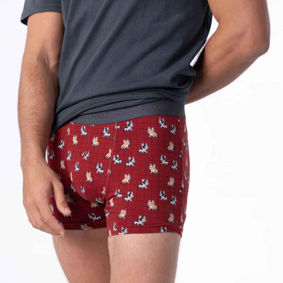 Boxer Marcel porté sous un t-shirt, imprimé bouledogues sur bordeaux et ceinture grise lettrée BILLYBELT
