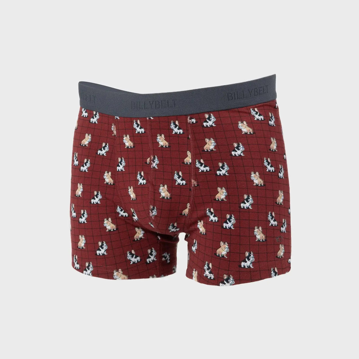 Boxer Marcel à plat, bouledogues français fauves et pie sur fond bordeaux quadrillé noir, ceinture gris anthracite